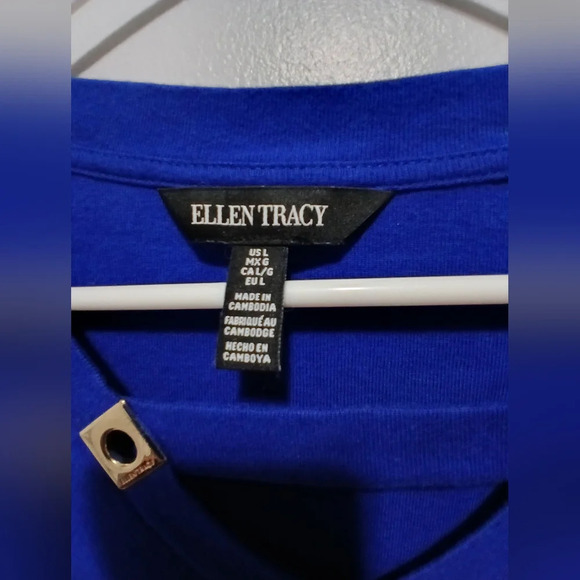 Ellen Tracy 100% Cotton Blue V-neck Cut-outs 3/4 Sleeve Shirt Size Large Casual - Picture 3 of 8
